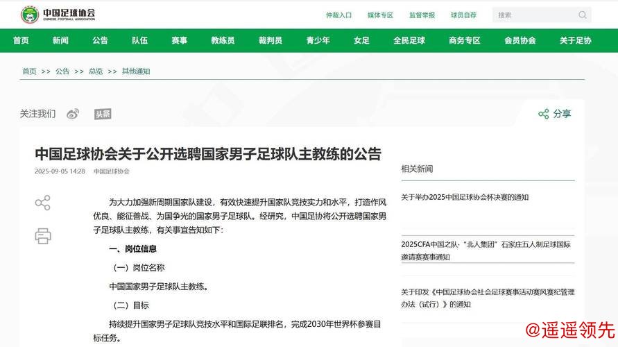中国足协公开选聘国足主教练 目标参加2030世界杯